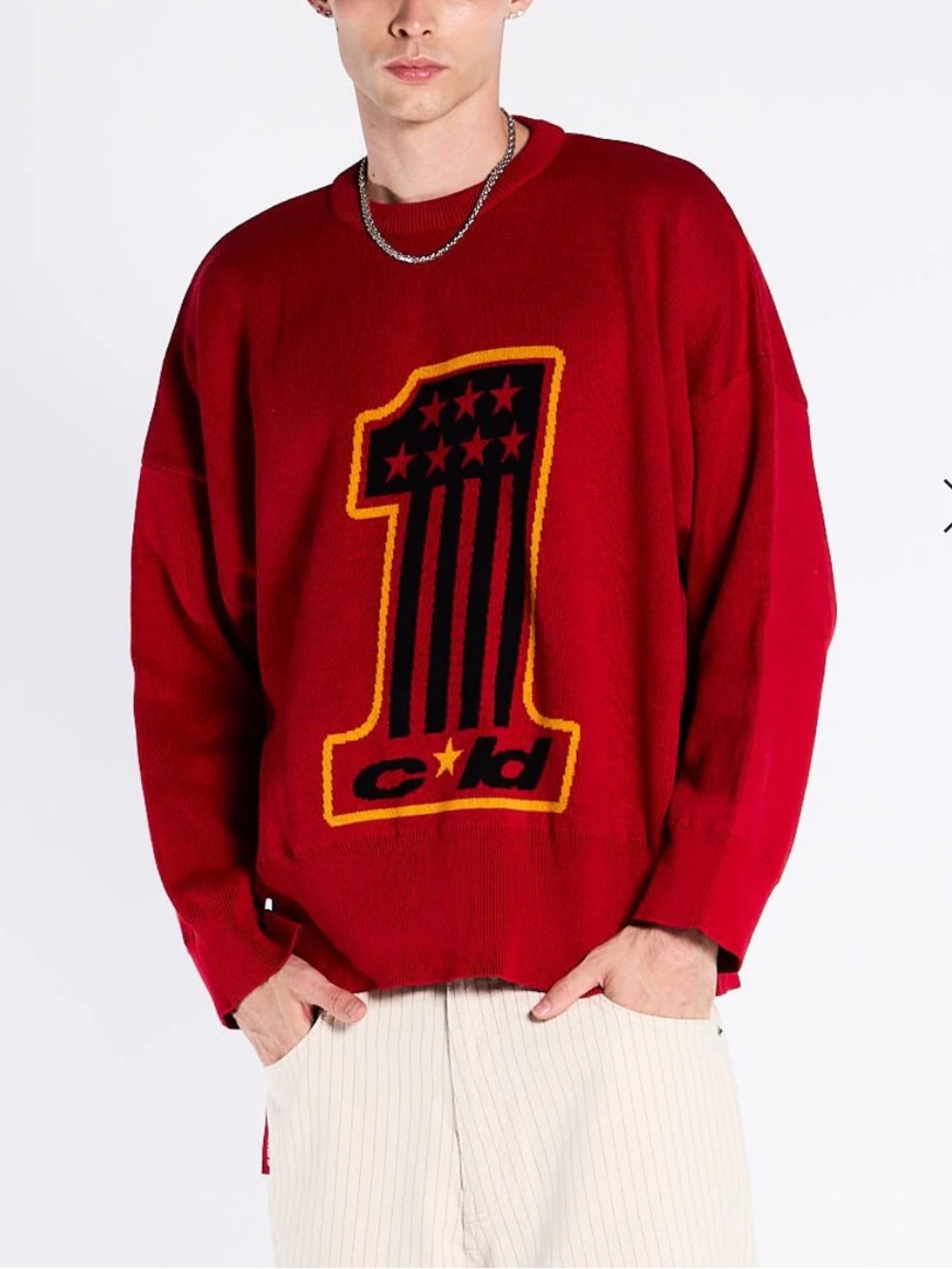 cold culture Red Graphic Knit Sweater with Number 1 Motif